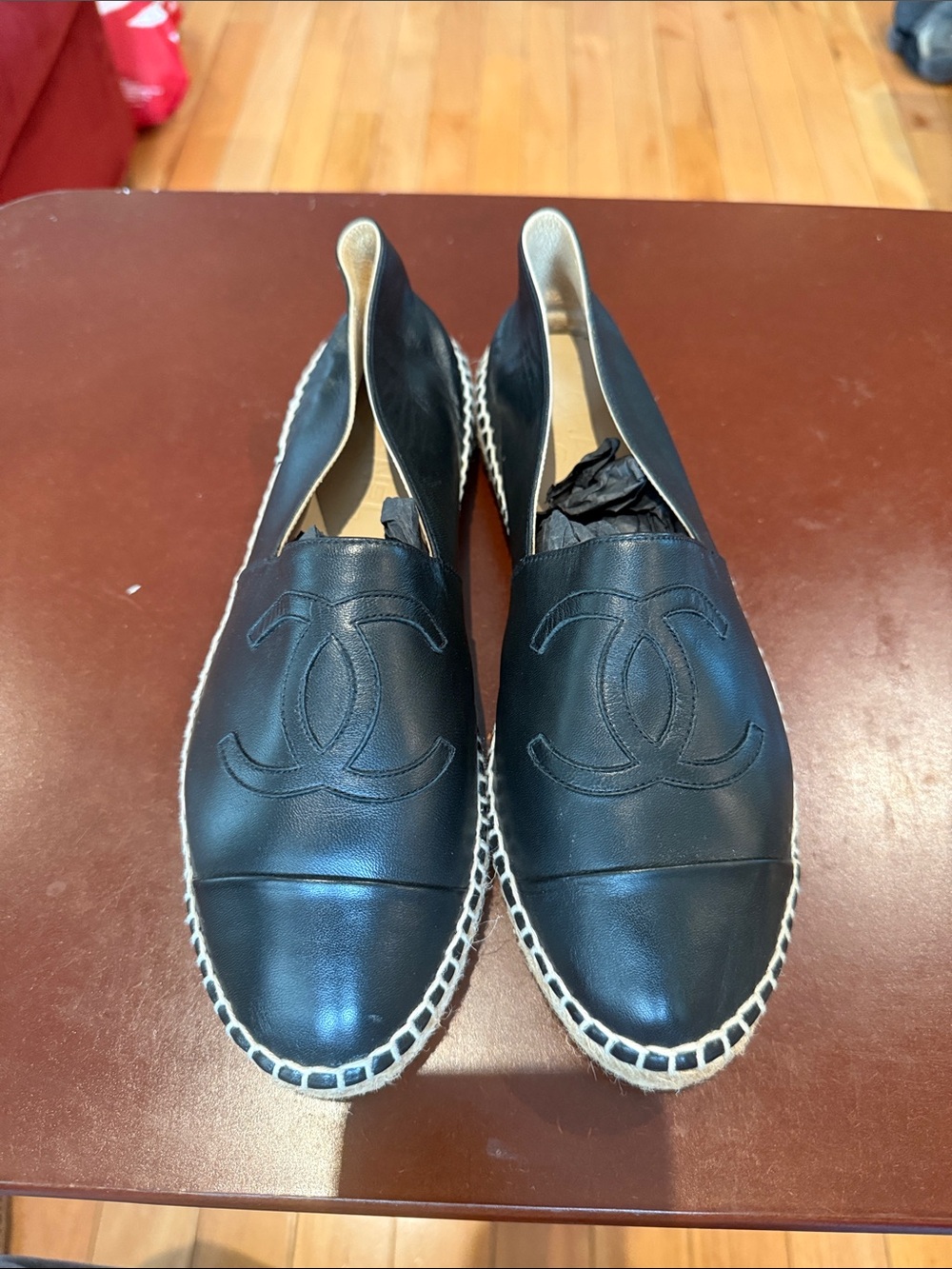 Authentic Chanel Black Leather Espadrille Slip-On Shoes